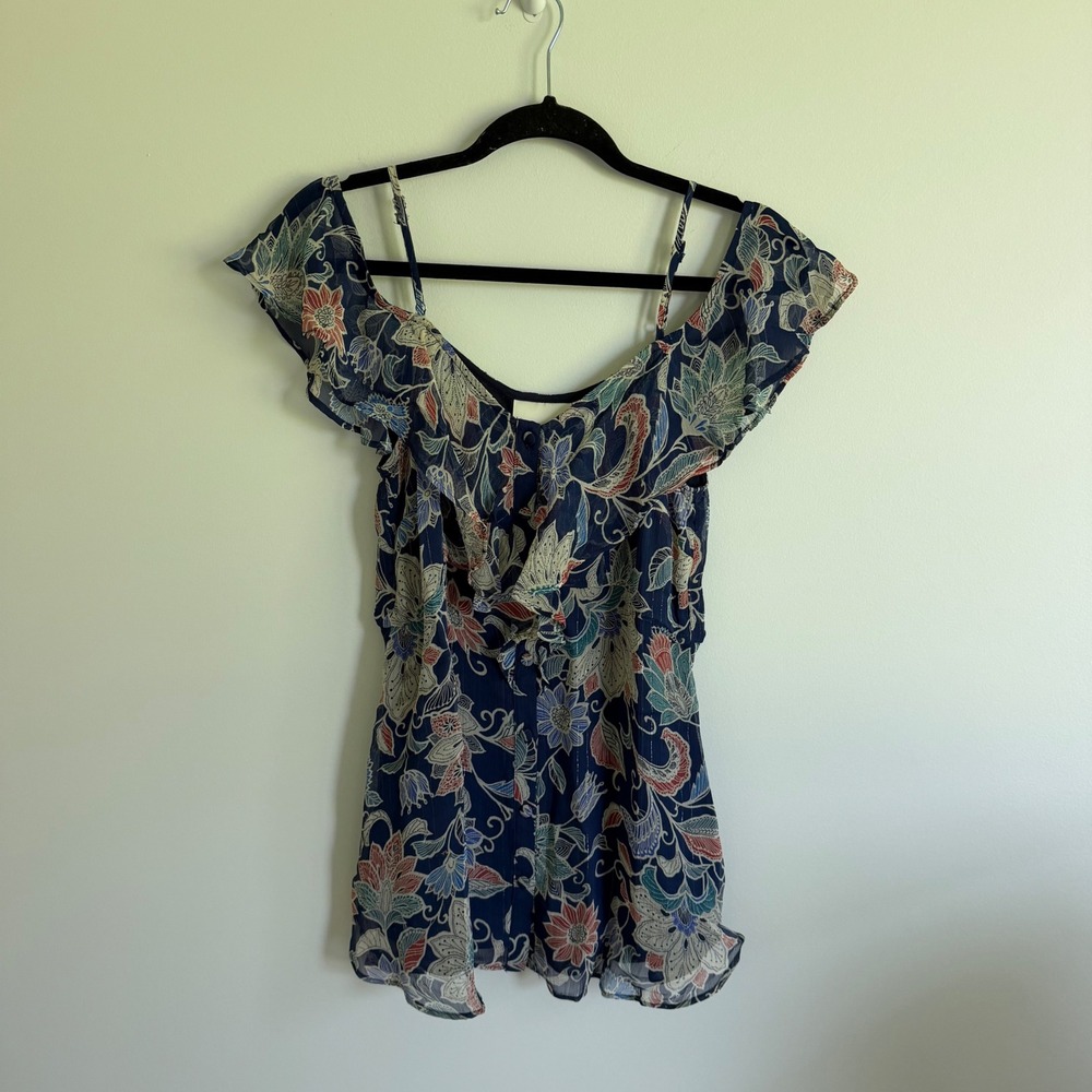 Maeve Anthropologie Floral Cold Shoulder Ruffle Blouse Navy Blue Metallic Size 4